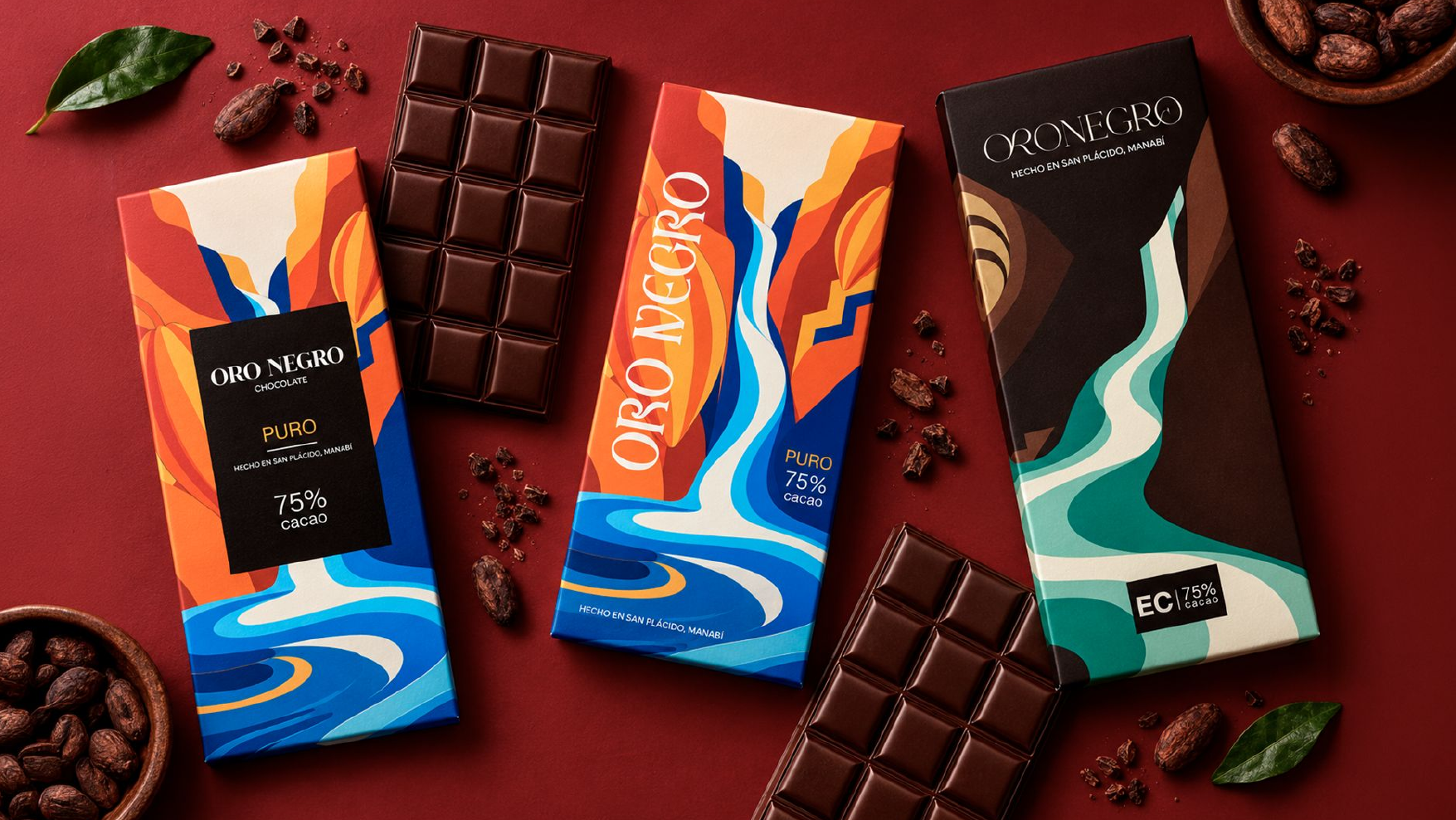 Oro Negro Chocolate 75% Ecuadorian dark chocolate bars in river and cacao packaging, made in San Plácido, Manabí